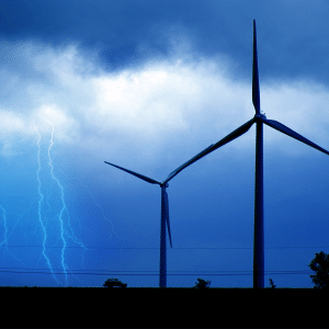 Blog_lightingin_protection2 Thunderstorm with lightning strike and wind turbines.